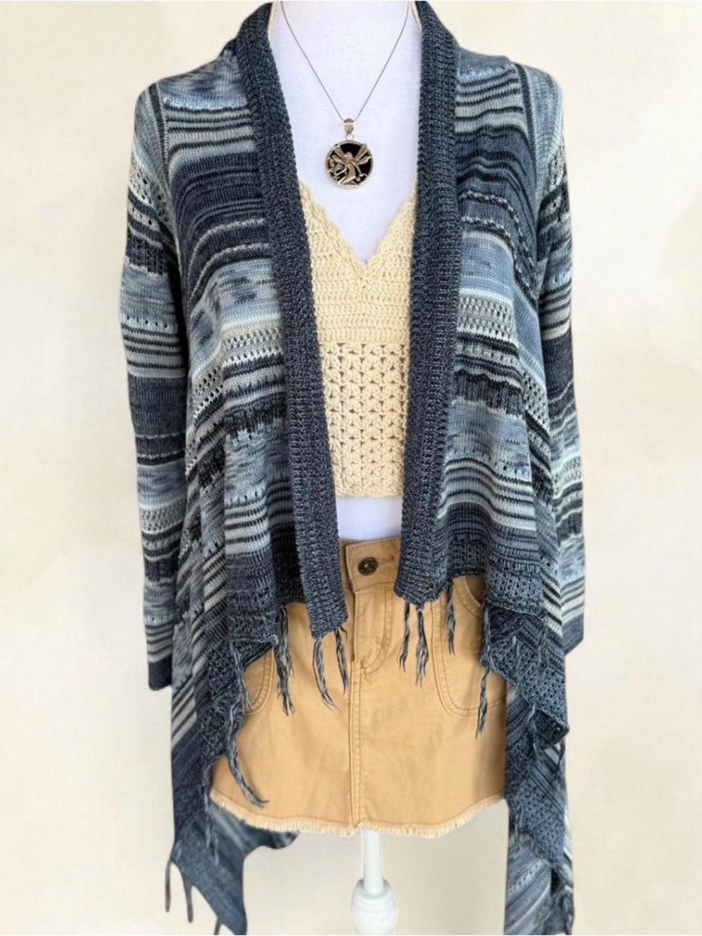 Moral Fiber Blue Striped Fringe Cardigan Medium Indie Boho Lightweight Knit